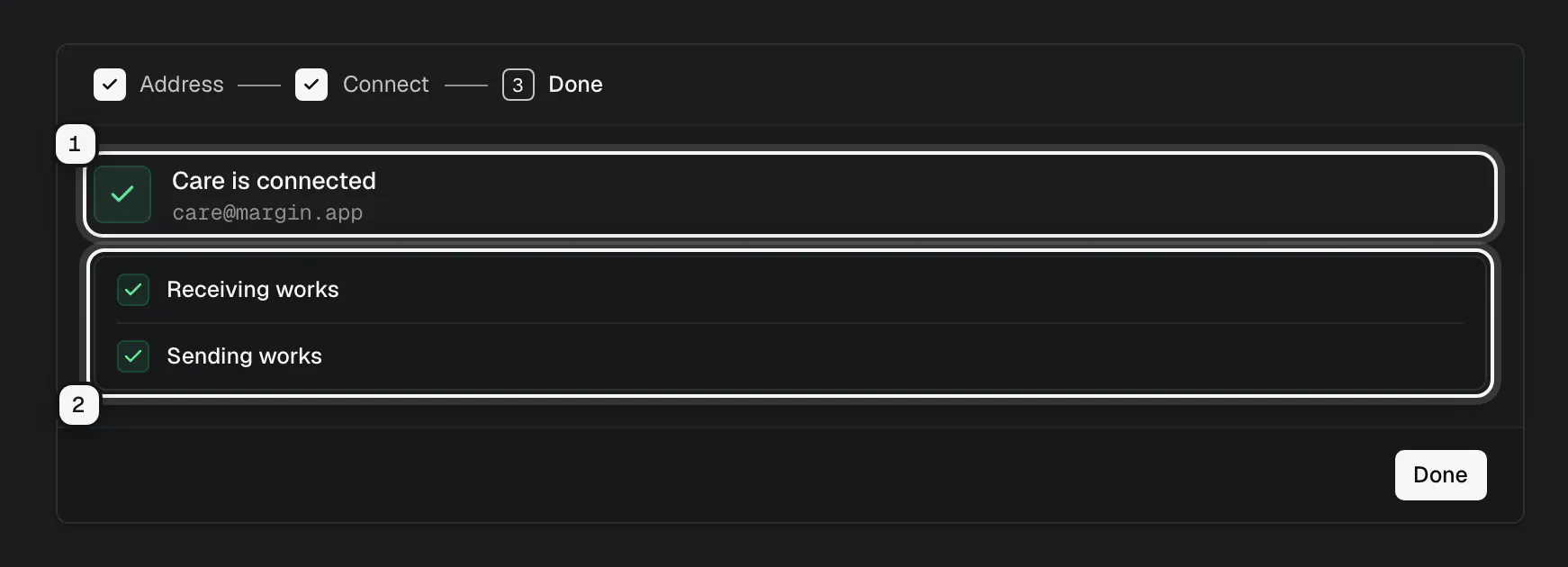 Add a mailbox, done: Care is connected, ringed as 1, with Receiving works and Sending works ringed as 2