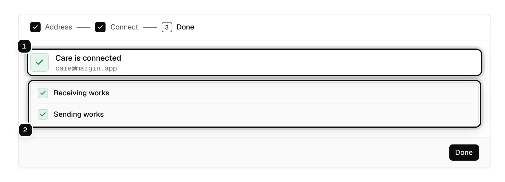 Add a mailbox, done: Care is connected, ringed as 1, with Receiving works and Sending works ringed as 2