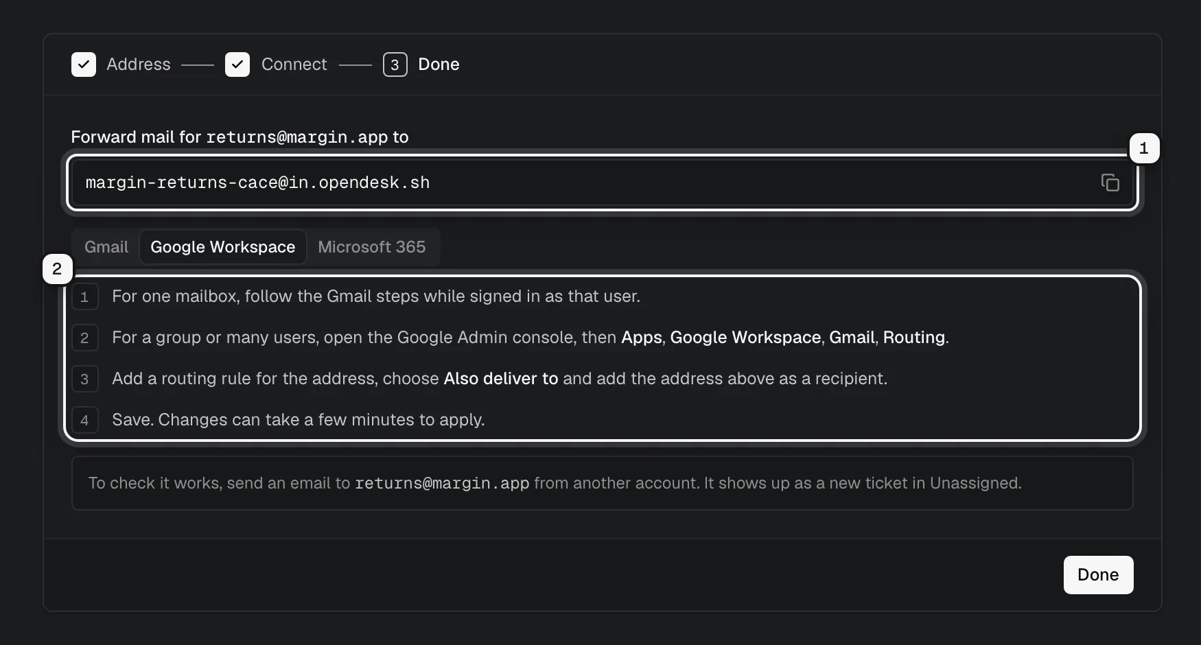 Add a mailbox, done: the private forwarding address for returns@margin.app with its copy button ringed as 1, and the Google Workspace forwarding steps ringed as 2