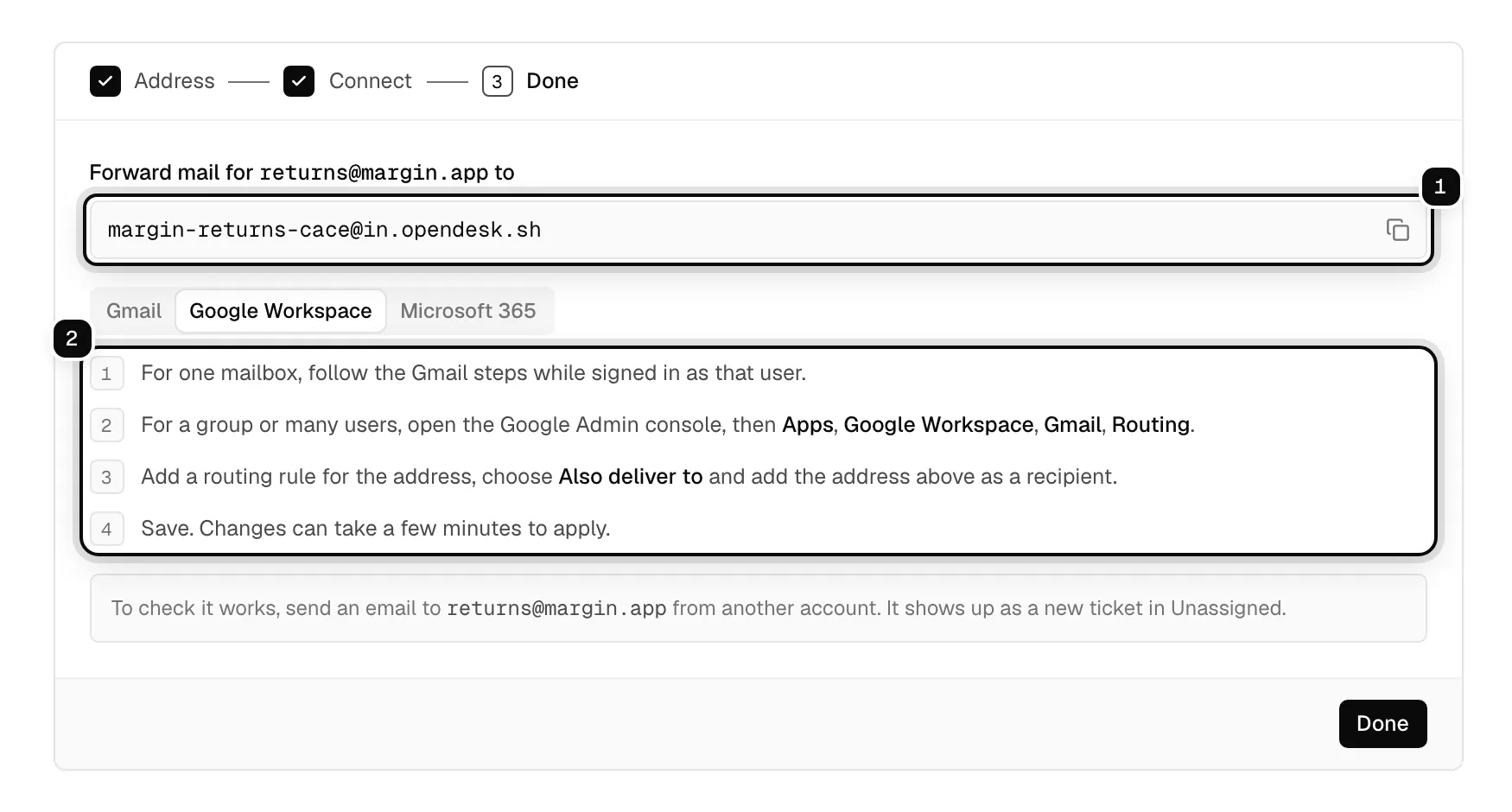 Add a mailbox, done: the private forwarding address for returns@margin.app with its copy button ringed as 1, and the Google Workspace forwarding steps ringed as 2