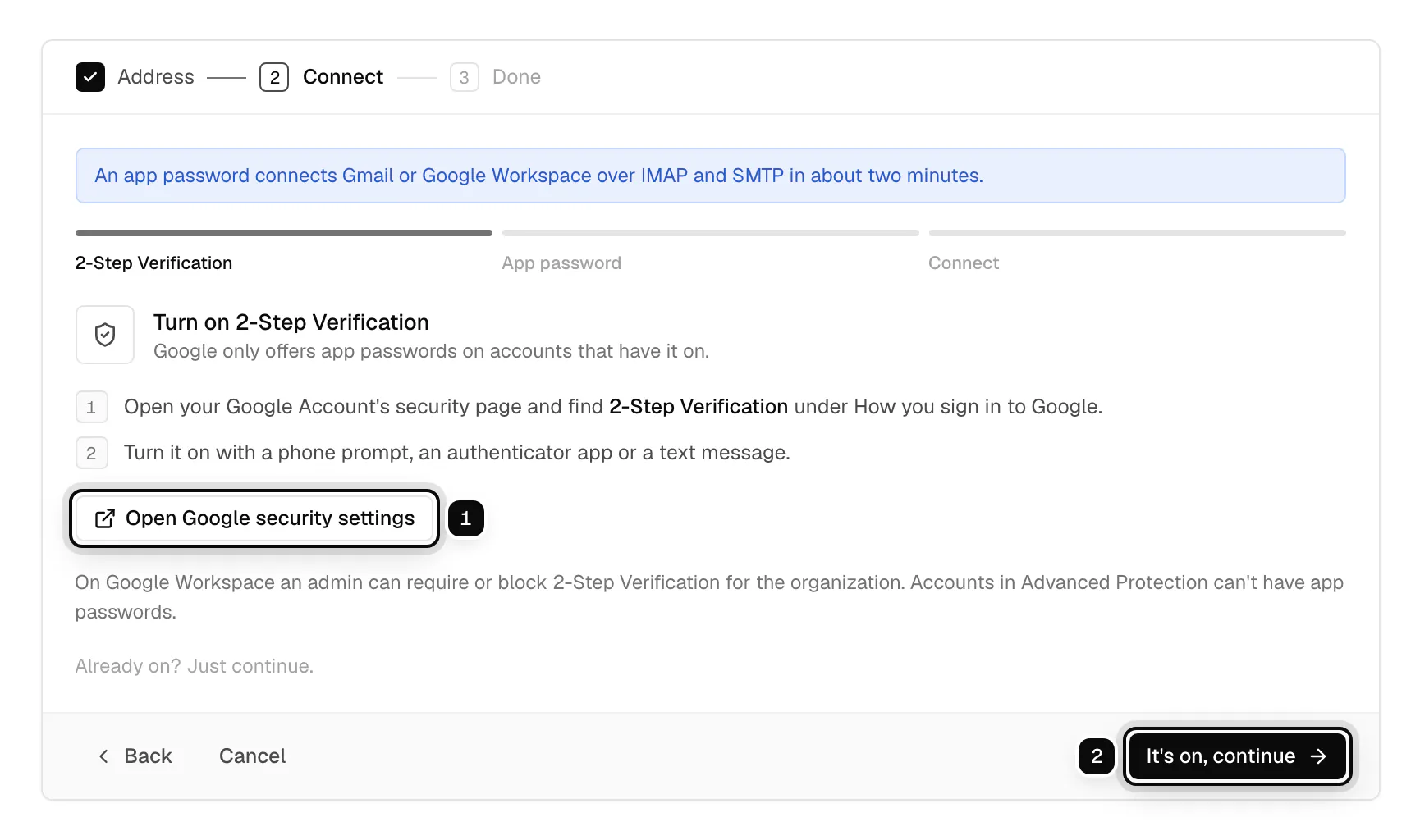 Step 1 of 3, Turn on 2-Step Verification: the Open Google security settings button ringed as 1, and It's on, continue ringed as 2