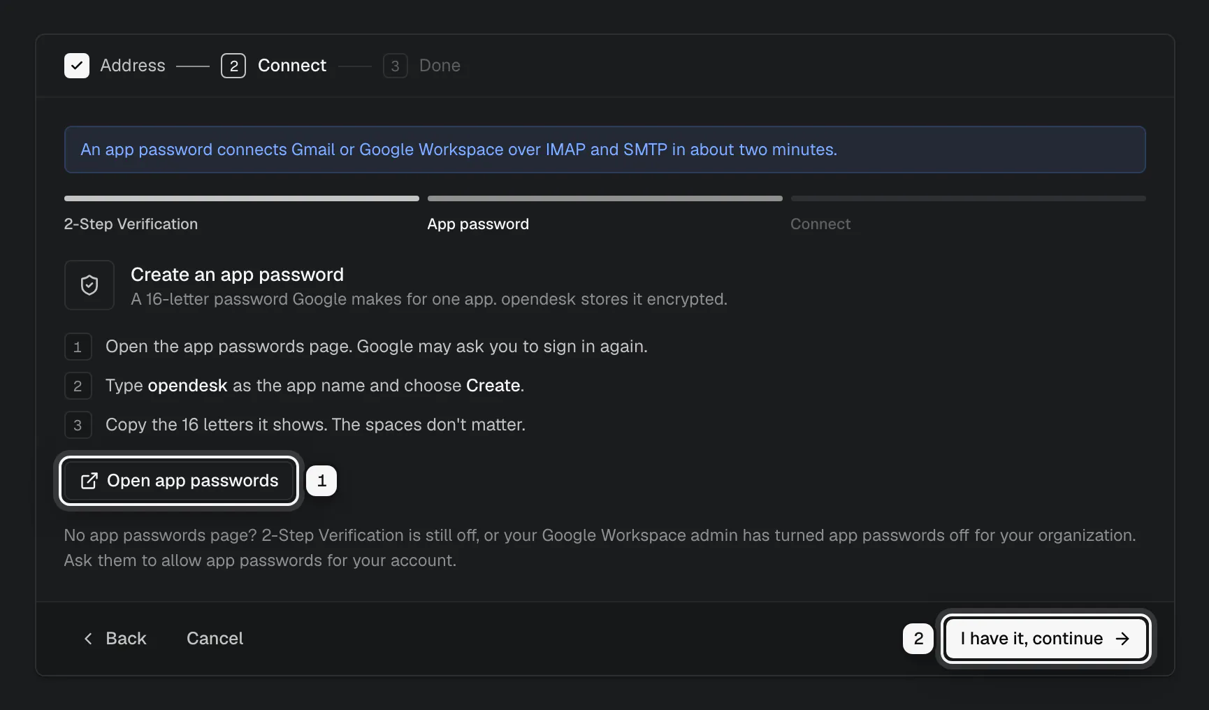 Step 2 of 3, Create an app password: the Open app passwords button ringed as 1, and I have it, continue ringed as 2
