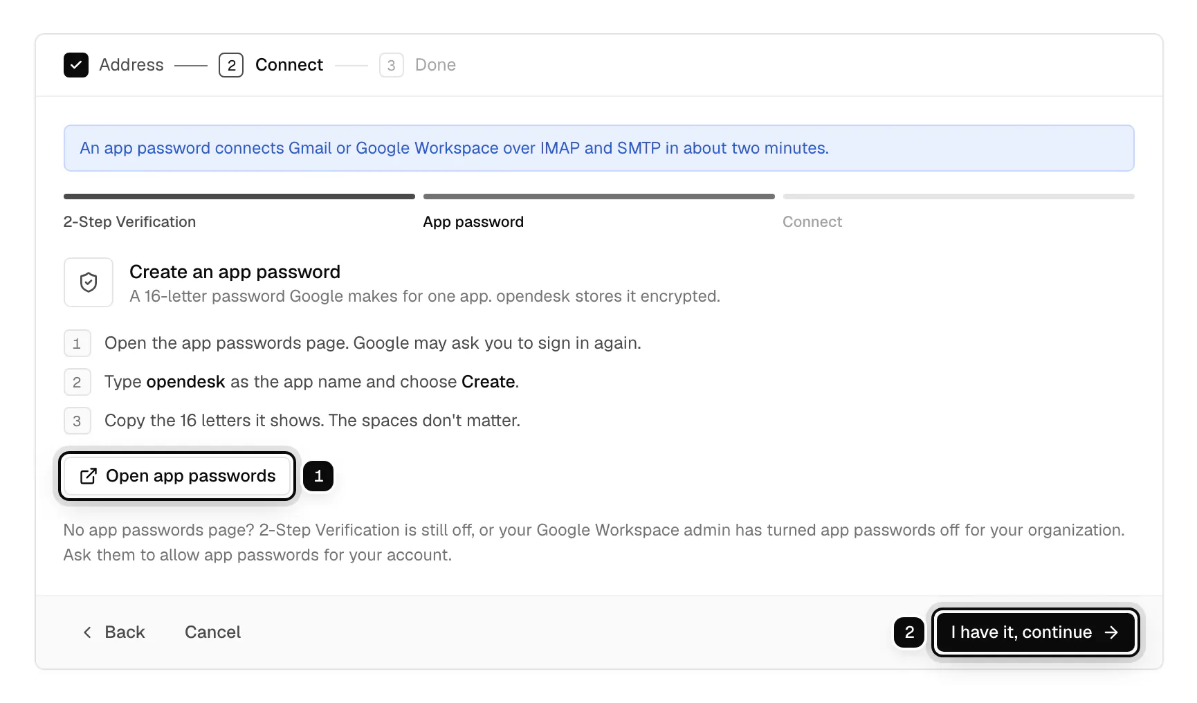 Step 2 of 3, Create an app password: the Open app passwords button ringed as 1, and I have it, continue ringed as 2