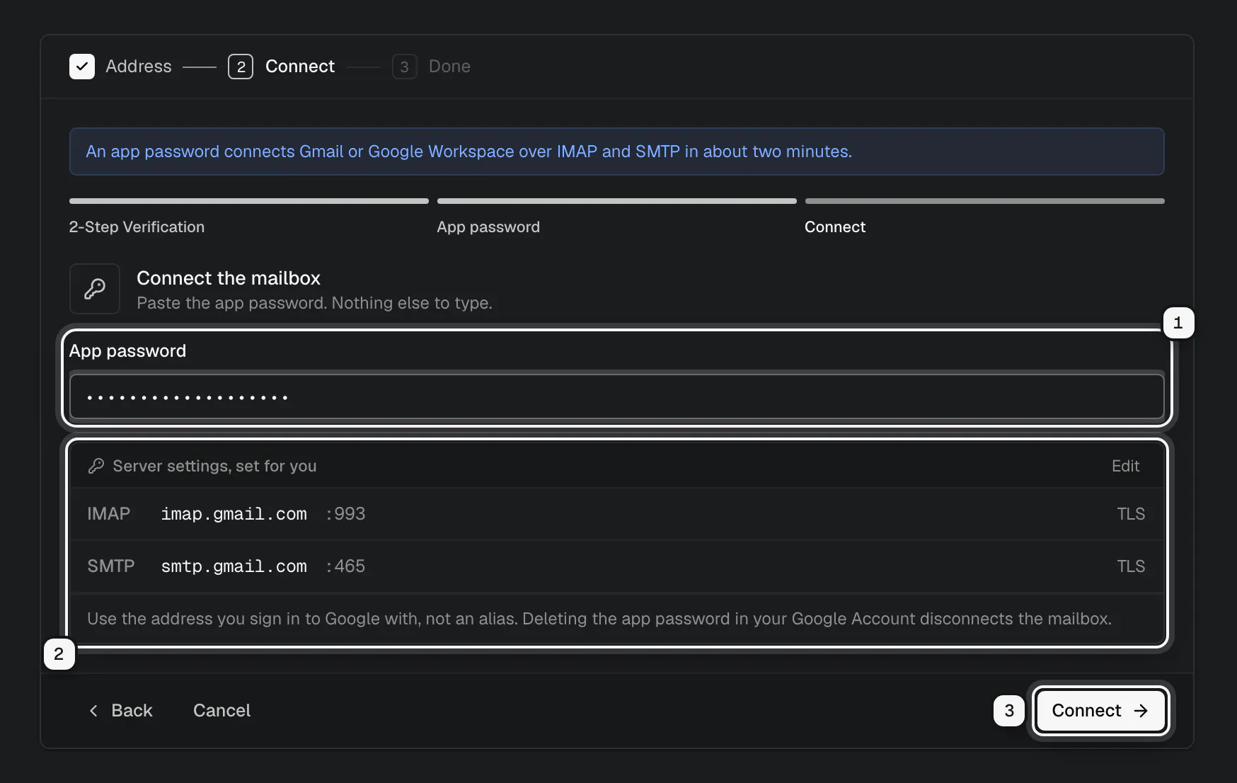 The last step of the Gmail app password walkthrough: the App password field ringed as 1, the server settings set for you ringed as 2, and the Connect button ringed as 3