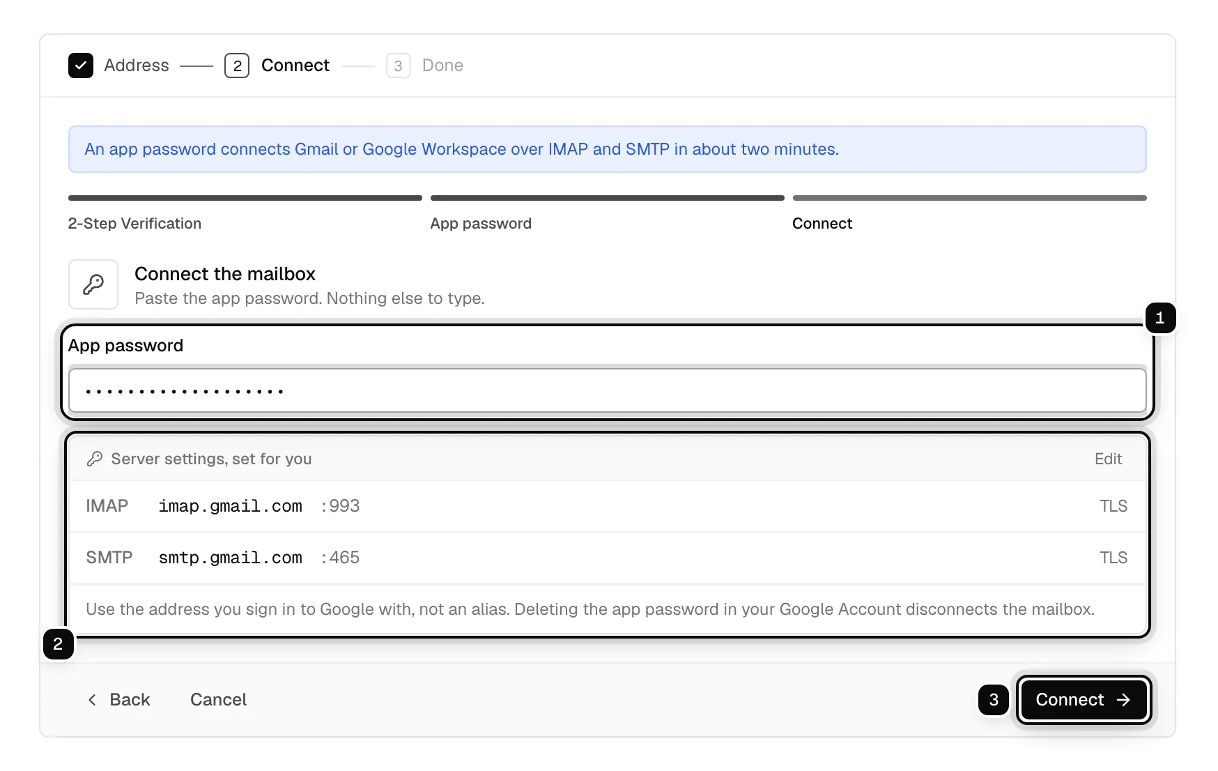 The last step of the Gmail app password walkthrough: the App password field ringed as 1, the server settings set for you ringed as 2, and the Connect button ringed as 3