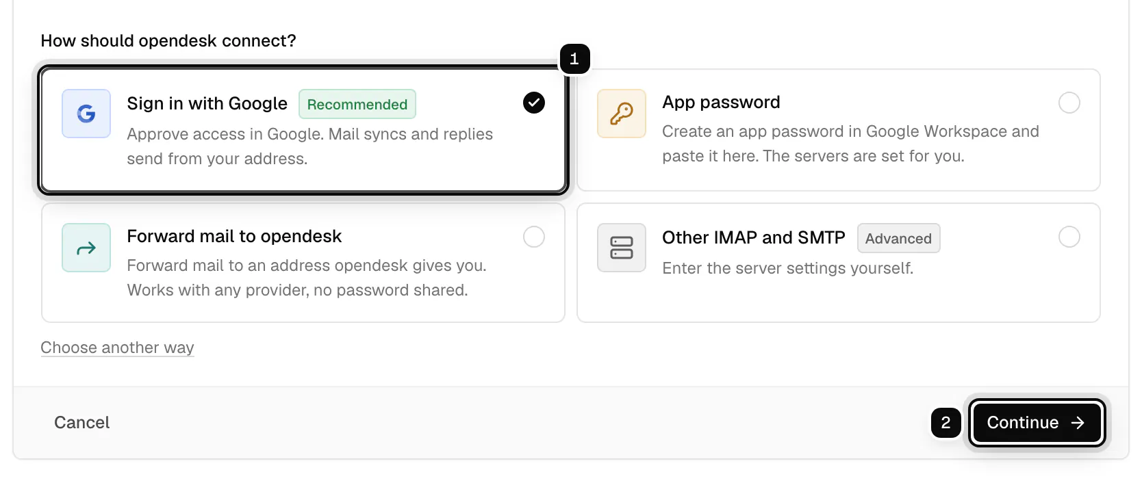 The ways to connect a Google Workspace address with Sign in with Google recommended and selected, ringed as 1, and Continue ringed as 2