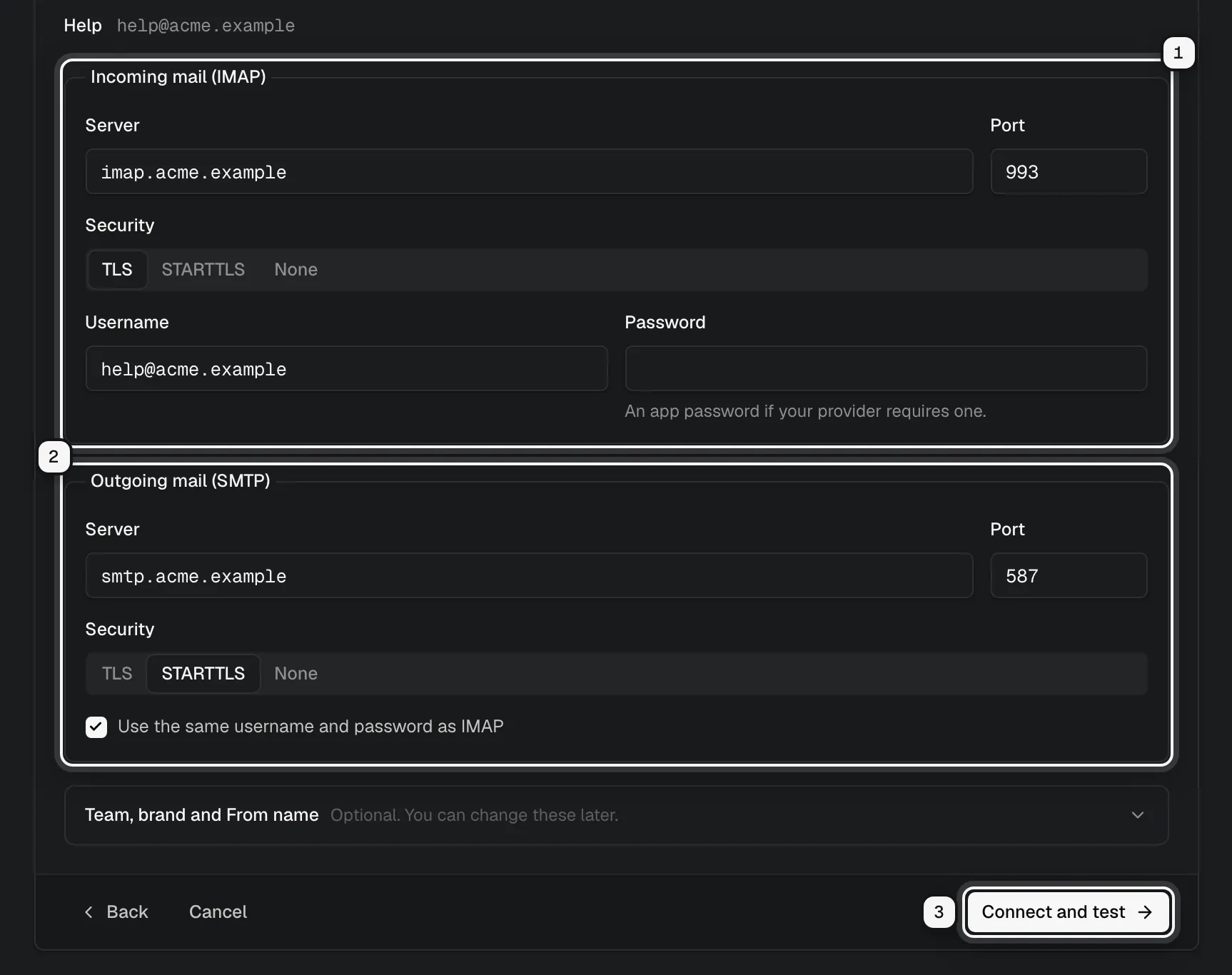 Other IMAP and SMTP for help@acme.example: the incoming mail server ringed as 1, the outgoing mail server ringed as 2, and the Connect and test button ringed as 3