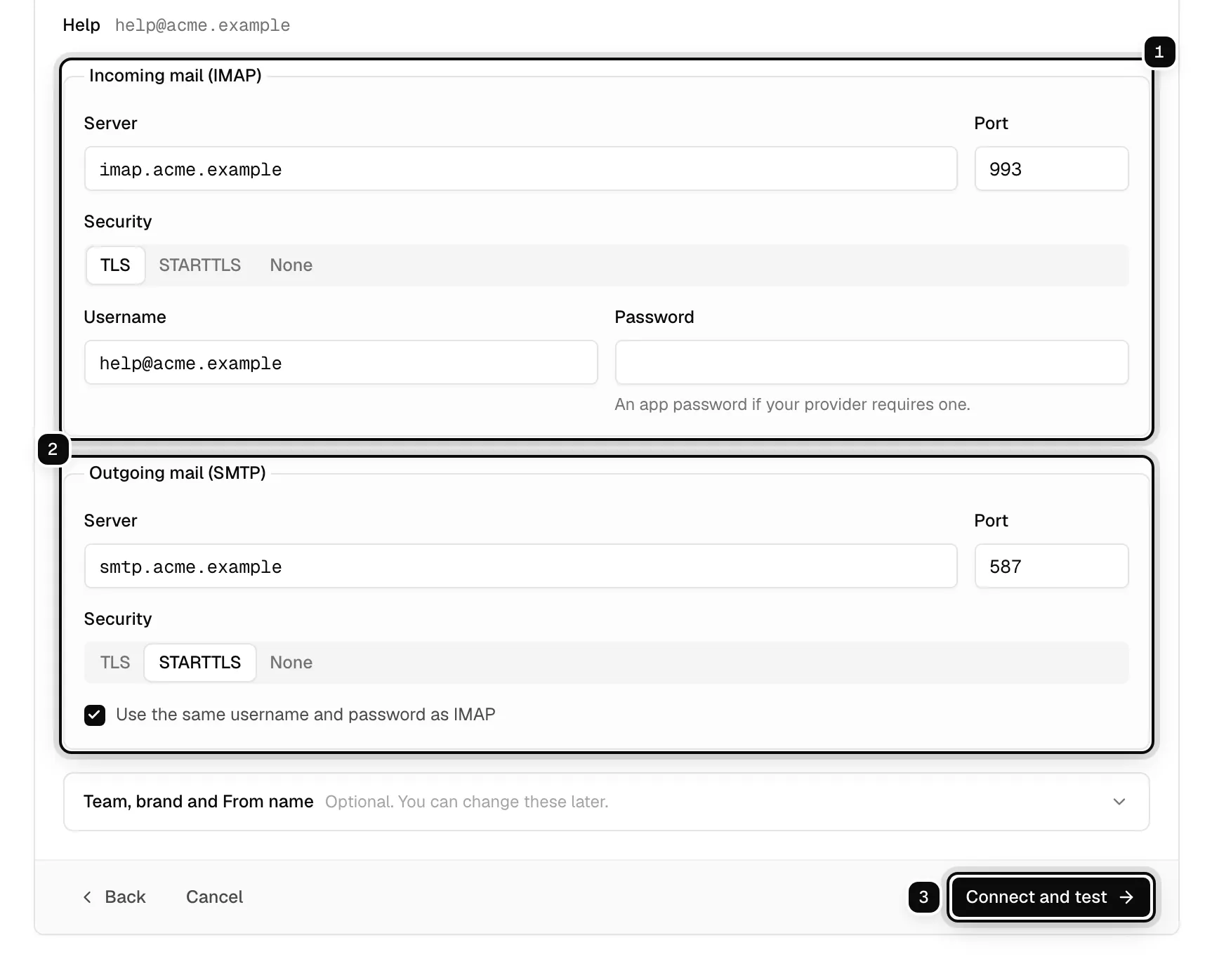 Other IMAP and SMTP for help@acme.example: the incoming mail server ringed as 1, the outgoing mail server ringed as 2, and the Connect and test button ringed as 3