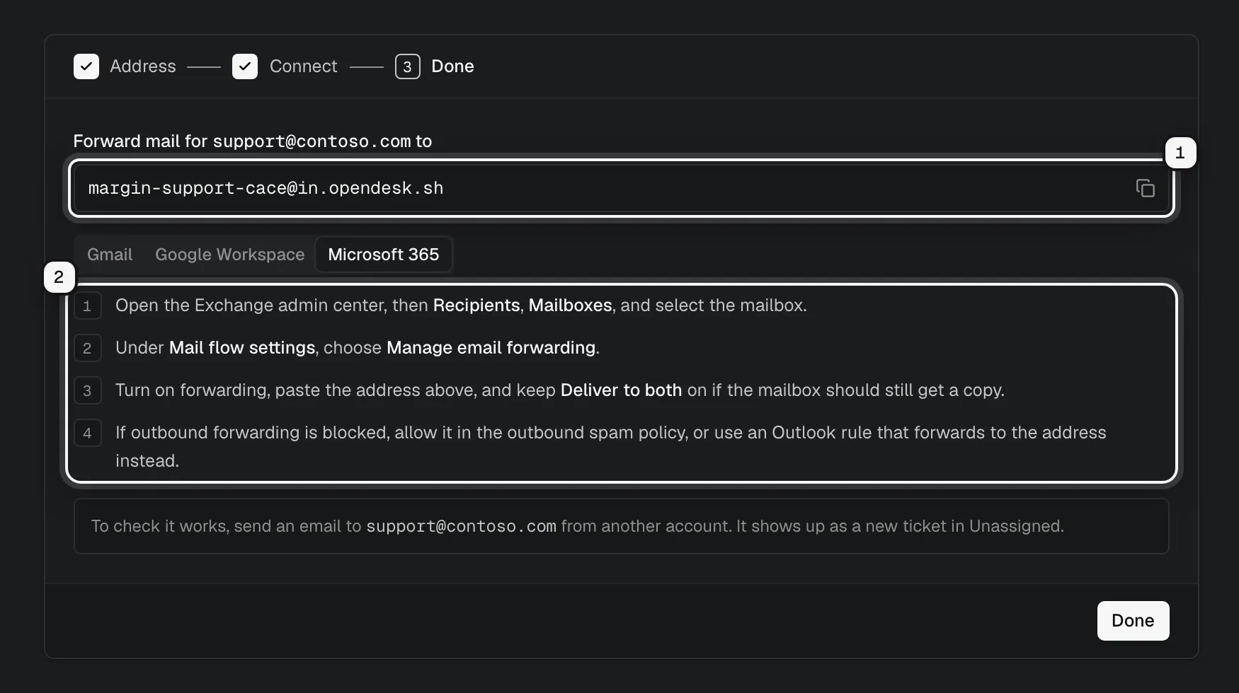 Add a mailbox, done: the private forwarding address ringed as 1, and the four Microsoft 365 forwarding steps ringed as 2