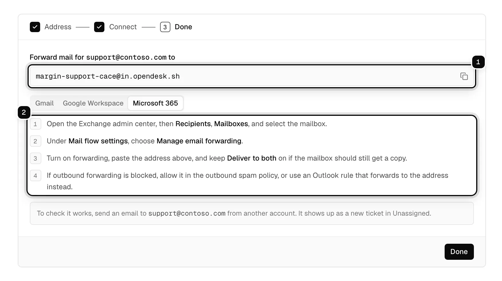 Add a mailbox, done: the private forwarding address ringed as 1, and the four Microsoft 365 forwarding steps ringed as 2