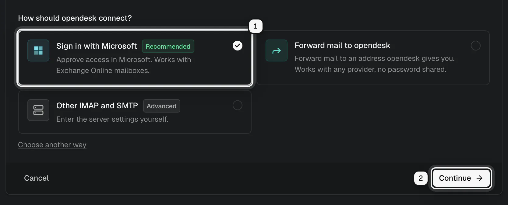 The ways to connect a Microsoft 365 address with Sign in with Microsoft recommended and selected, ringed as 1, and Continue ringed as 2