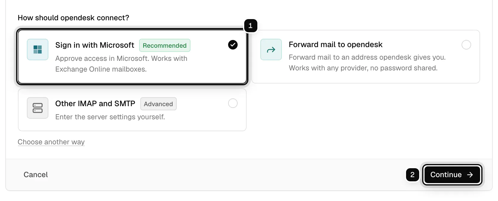 The ways to connect a Microsoft 365 address with Sign in with Microsoft recommended and selected, ringed as 1, and Continue ringed as 2