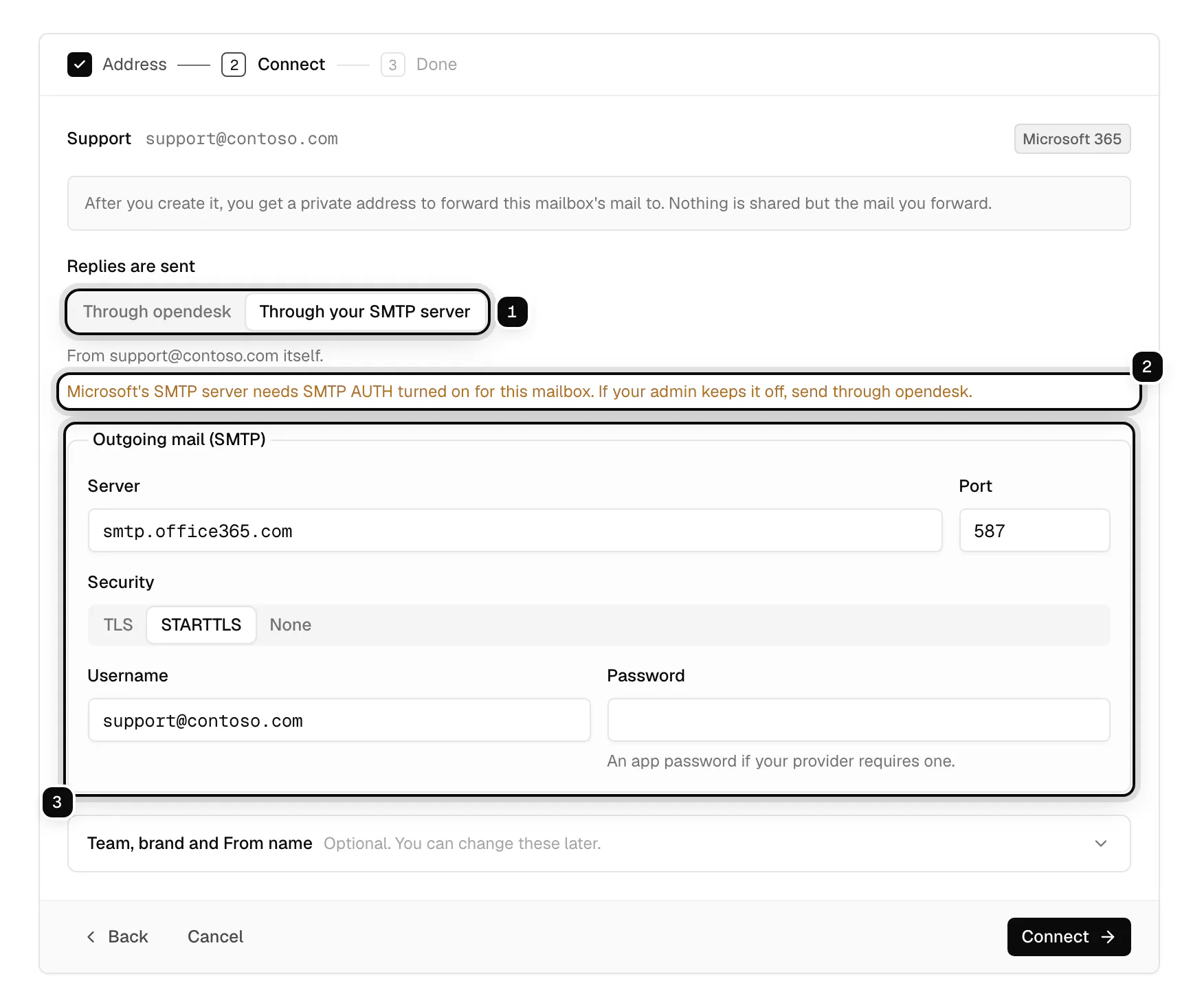 Through your SMTP server selected, ringed as 1, the note that Microsoft's SMTP server needs SMTP AUTH ringed as 2, and the outgoing mail settings for smtp.office365.com on port 587 with STARTTLS ringed as 3