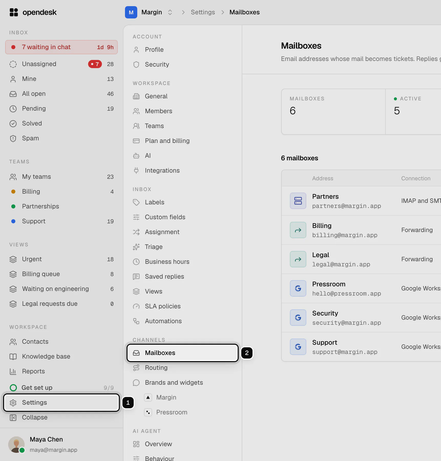 The app with Settings ringed in the main sidebar as 1 and Mailboxes ringed in the settings menu as 2