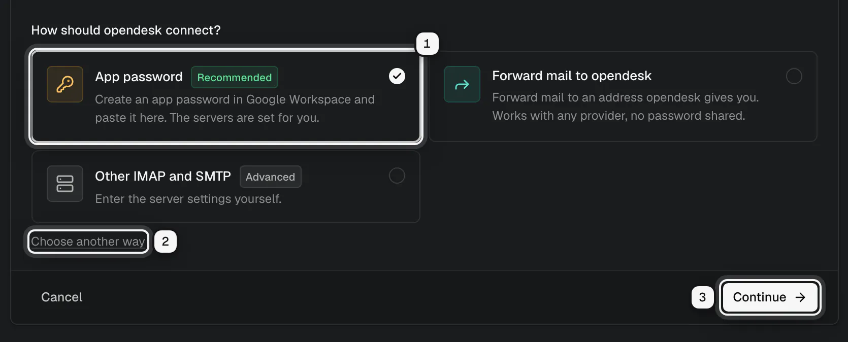 The ways to connect: App password, recommended and selected, ringed as 1, Choose another way ringed as 2, and Continue ringed as 3