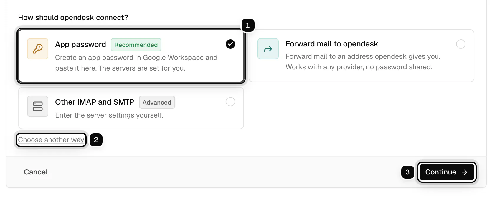 The ways to connect: App password, recommended and selected, ringed as 1, Choose another way ringed as 2, and Continue ringed as 3