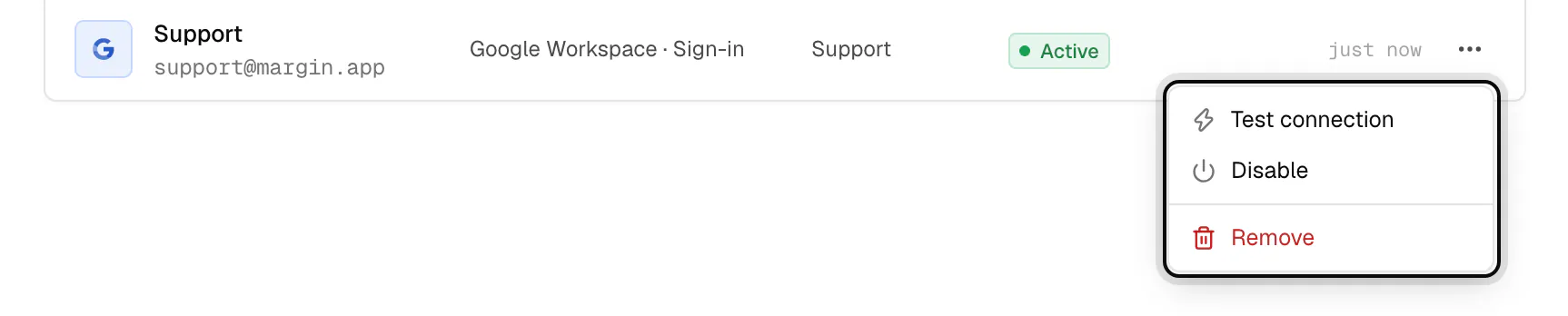 The actions menu on a mailbox row: Test connection, Disable and Remove