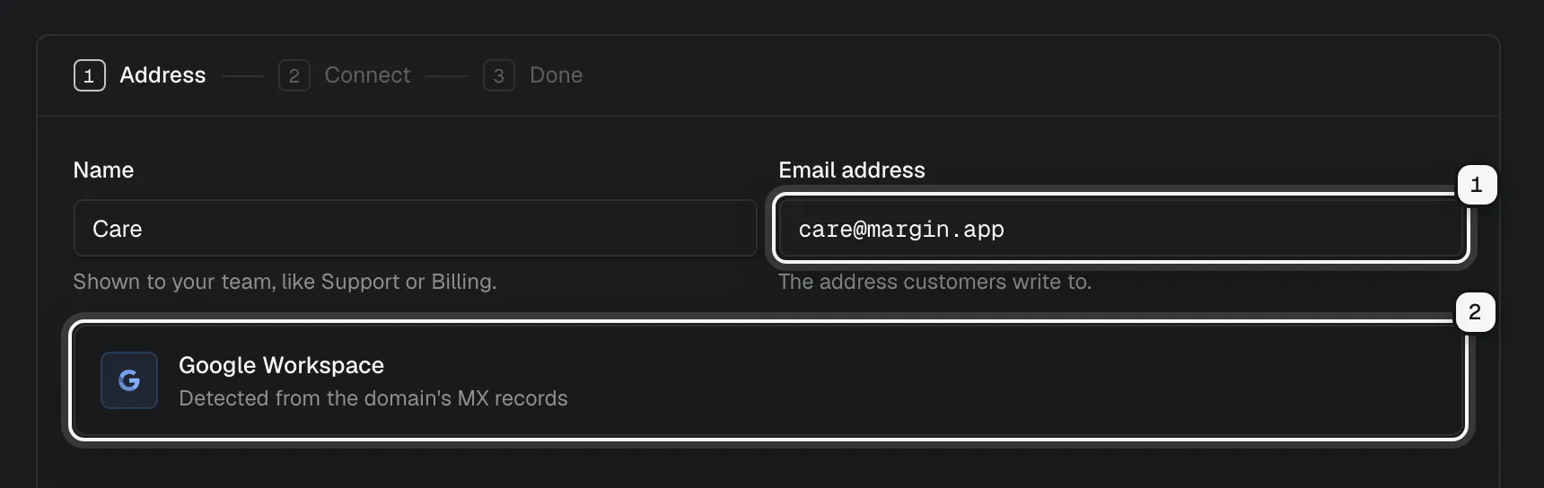 The email address care@margin.app ringed as 1, and below it Google Workspace, detected from the domain's MX records, ringed as 2