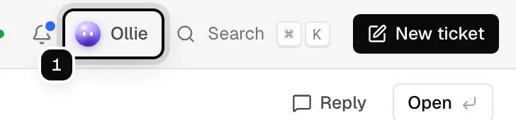 The top bar with the Ollie button ringed as 1, next to Search and New ticket