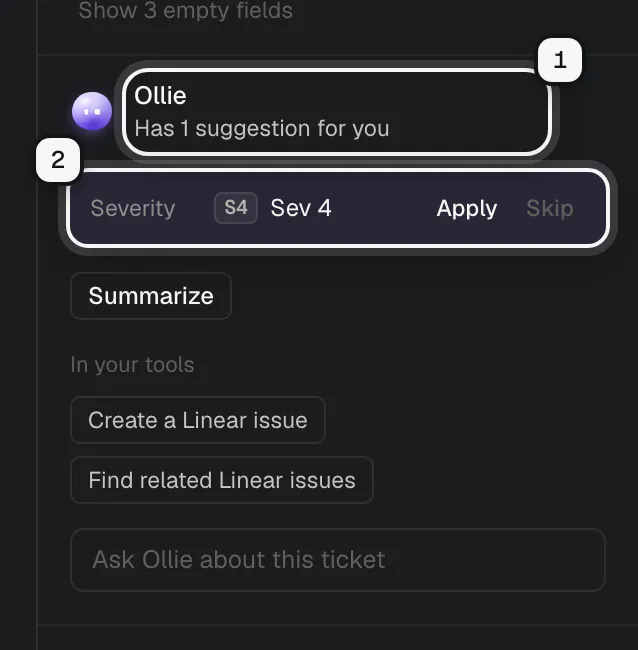 The Ollie section saying it has 1 suggestion, ringed as 1, with a severity suggestion and its Apply and Skip buttons ringed as 2