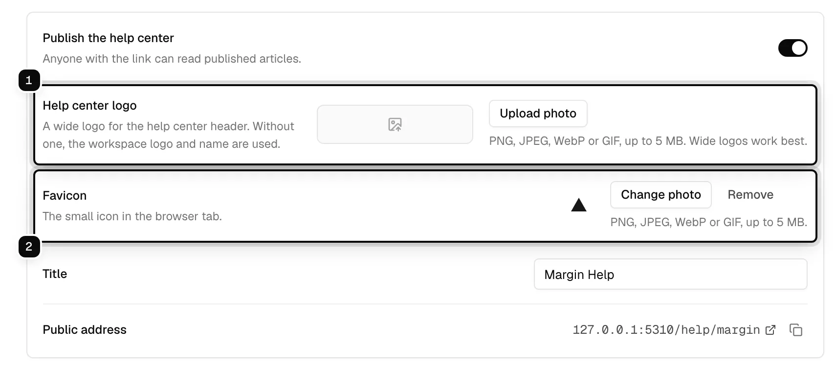 The Help center logo row ringed as 1 and the Favicon row ringed as 2