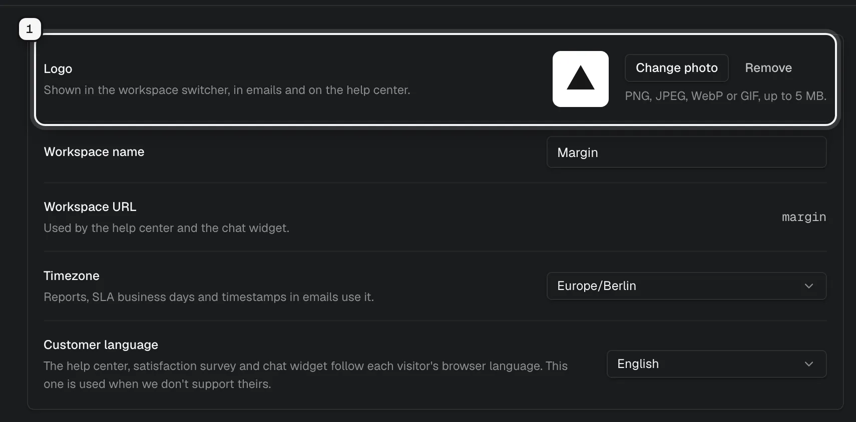 The Logo row in the workspace settings ringed as 1