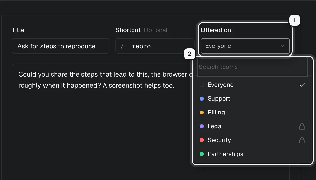 The Offered on picker ringed as 1, open with its list of choices ringed as 2: Everyone, Support, Billing, Legal and Security with a lock, and Partnerships