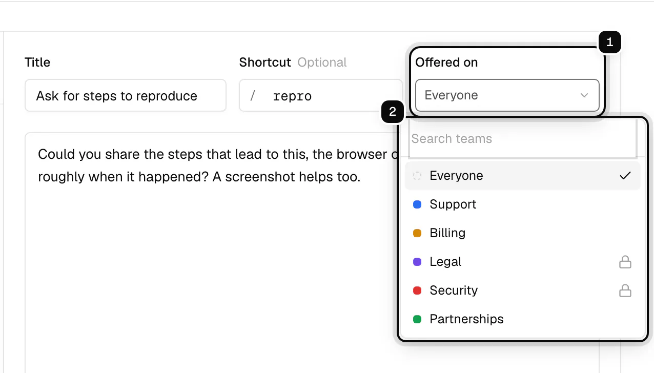 The Offered on picker ringed as 1, open with its list of choices ringed as 2: Everyone, Support, Billing, Legal and Security with a lock, and Partnerships