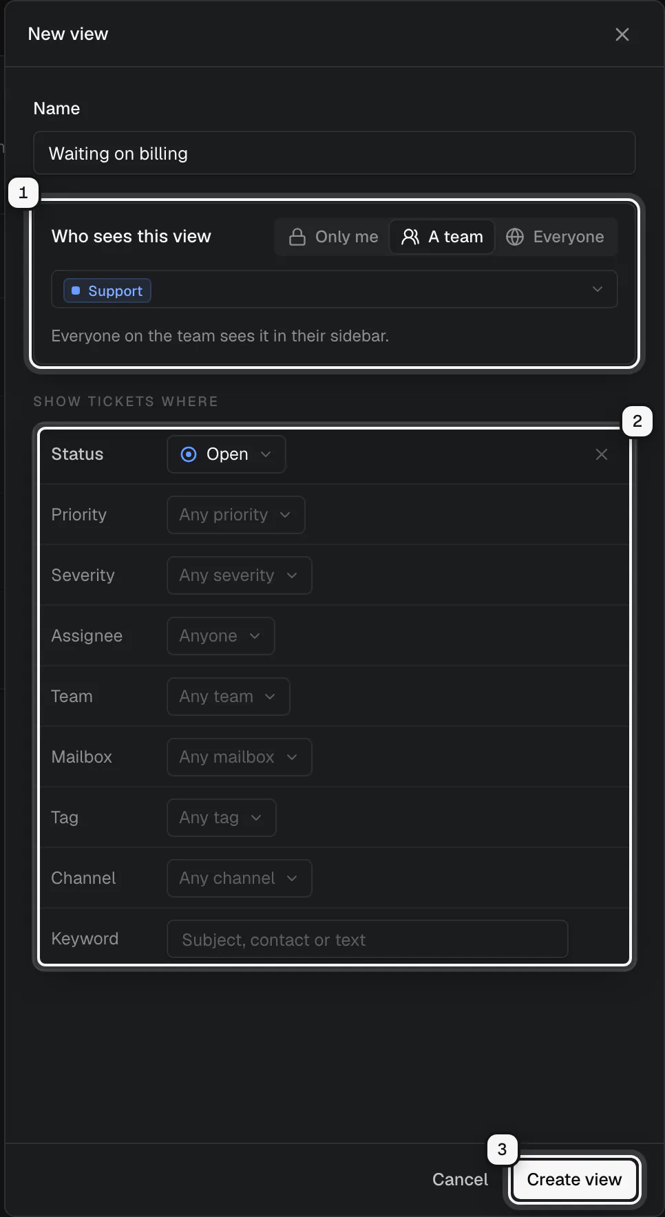 The New view drawer: Who sees this view ringed as 1, with A team chosen and Support picked, the filter rows from Status to Keyword ringed as 2, and the Create view button ringed as 3