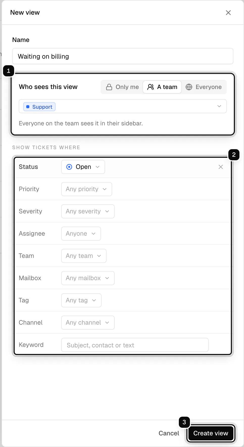 The New view drawer: Who sees this view ringed as 1, with A team chosen and Support picked, the filter rows from Status to Keyword ringed as 2, and the Create view button ringed as 3