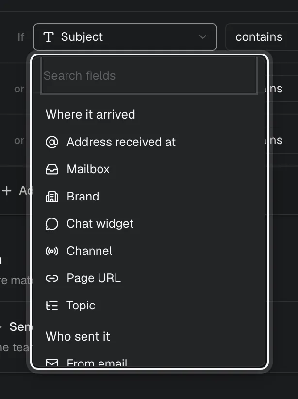 The field picker of a condition, open, listing Address received at, Mailbox, Brand, Chat widget, Channel, Page URL and Topic under Where it arrived, then Who sent it