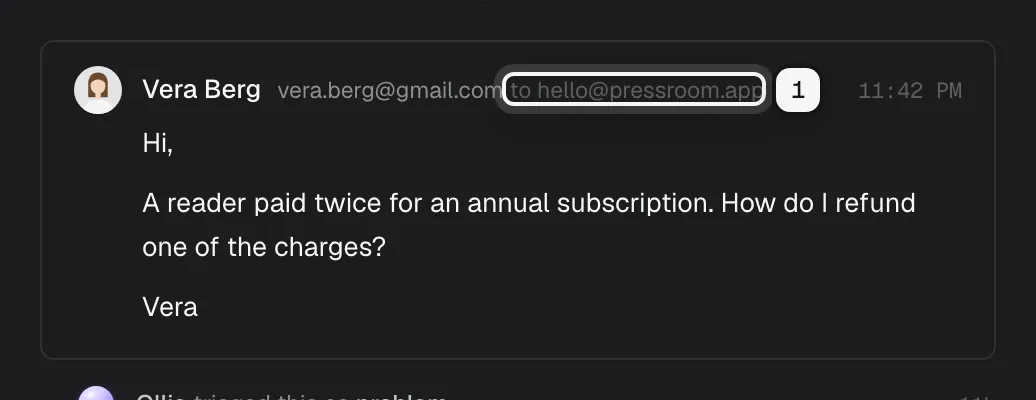 A customer's email in the timeline with to hello@pressroom.app ringed next to the sender
