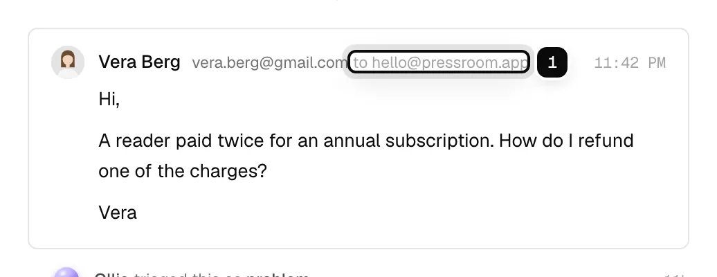 A customer's email in the timeline with to hello@pressroom.app ringed next to the sender