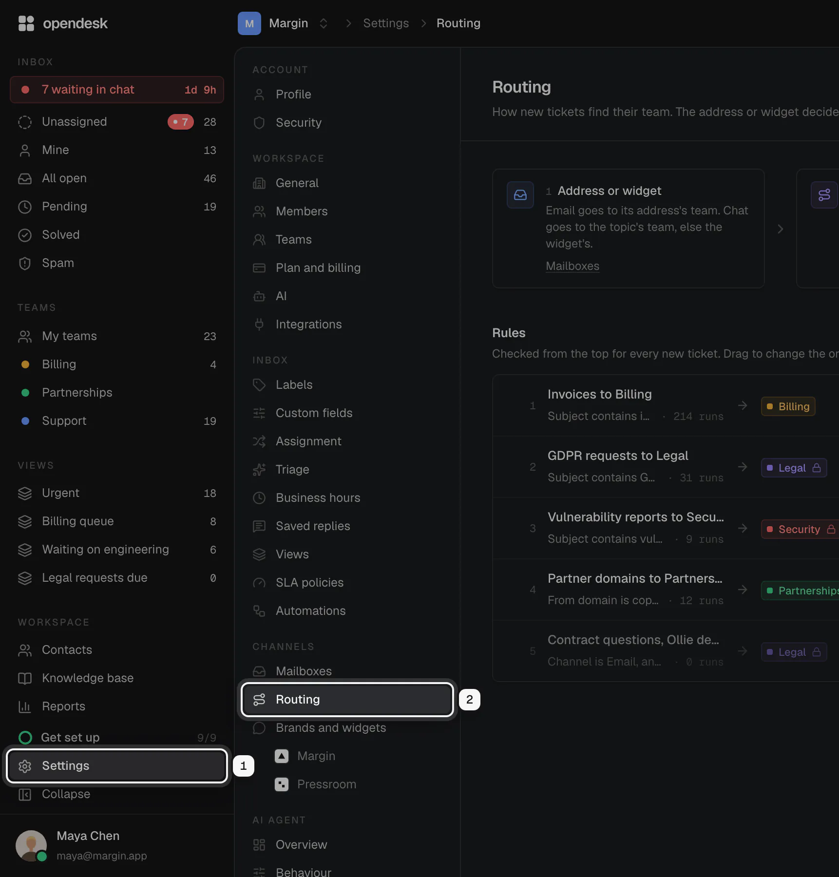 The app with Settings in the sidebar ringed as 1 and Routing in the settings menu ringed as 2