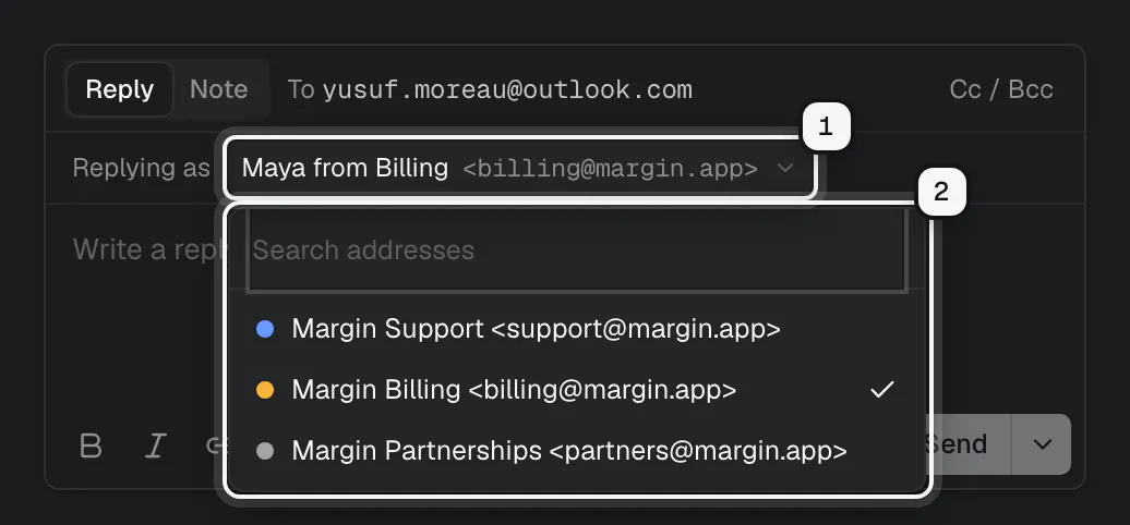 The reply box with Replying as Maya from Billing billing@margin.app ringed as 1, and the address picker open with the brand's addresses ringed as 2