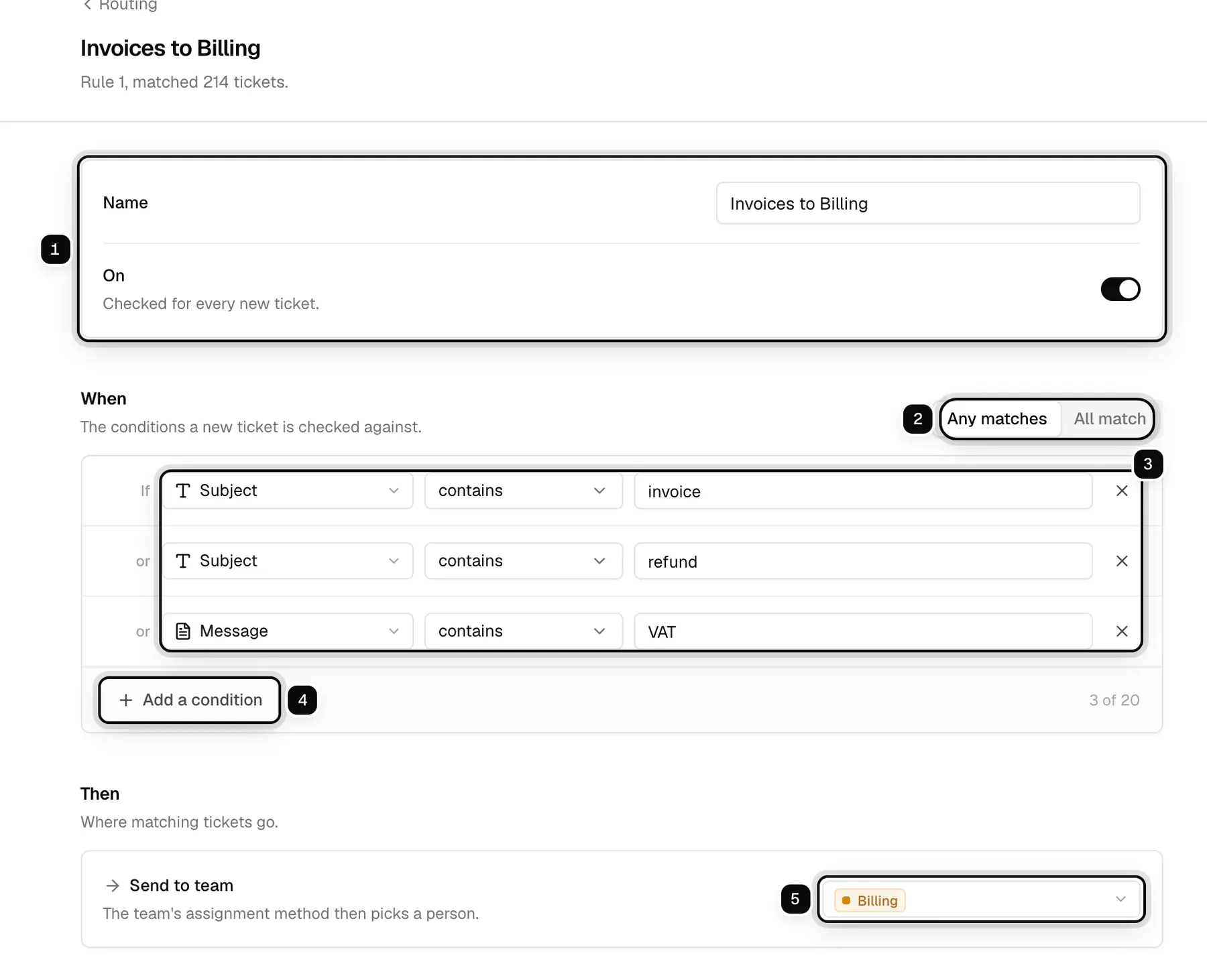 The Invoices to Billing rule: the name and On switch ringed as 1, Any matches or All match ringed as 2, the three conditions ringed as 3, Add a condition ringed as 4, and the team it sends to, Billing, ringed as 5
