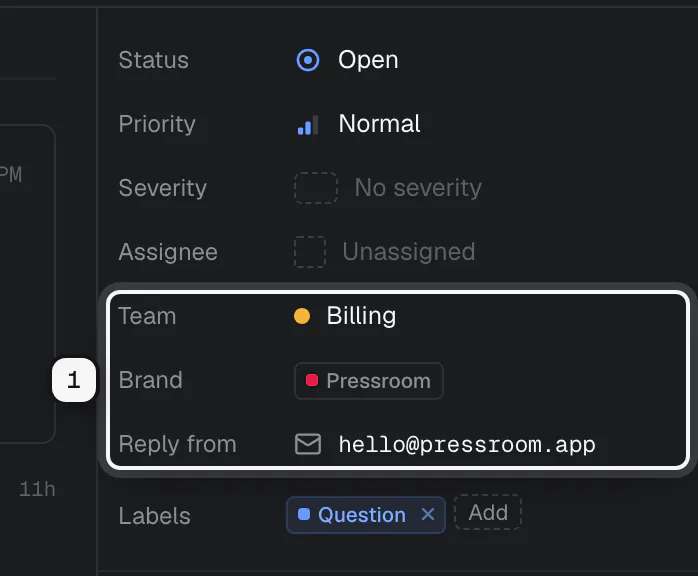 A ticket's details with its Team, Brand and Reply from rows ringed: Billing, Pressroom and hello@pressroom.app