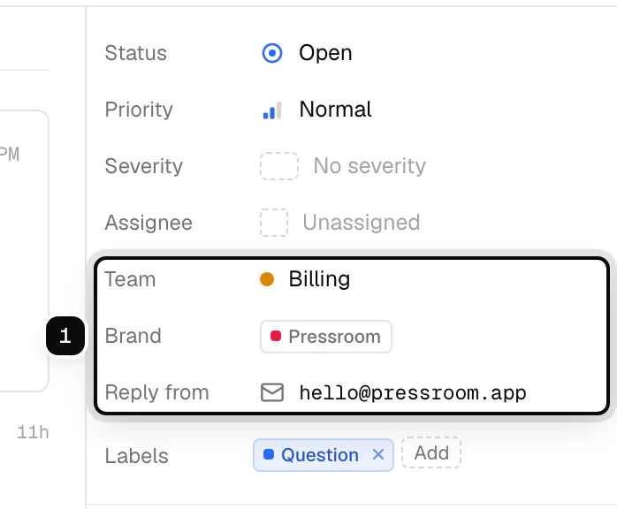 A ticket's details with its Team, Brand and Reply from rows ringed: Billing, Pressroom and hello@pressroom.app