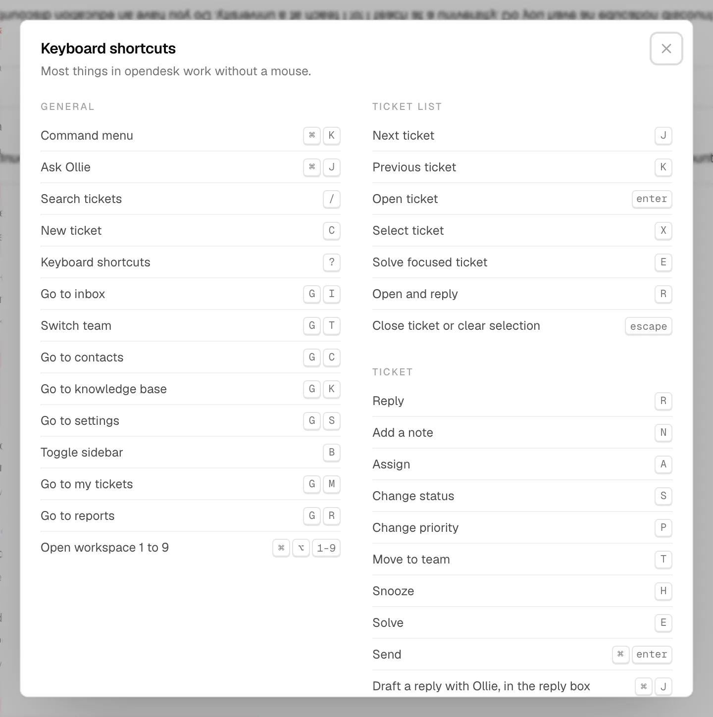 The Keyboard shortcuts sheet with three lists: General, Ticket list and Ticket, each action next to its keys