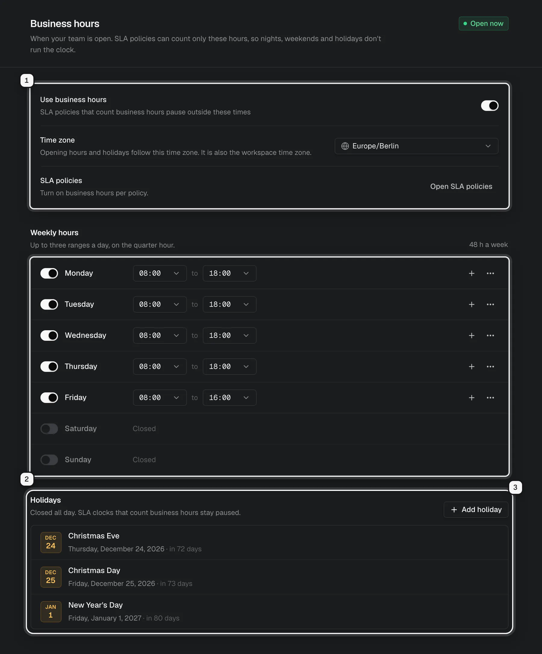 The Business hours settings page: the switch to use business hours and the time zone ringed as 1, the weekly hours from Monday to Sunday ringed as 2, and the Holidays section ringed as 3