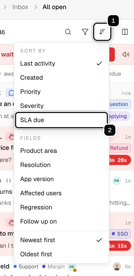 The sort button at the top of the ticket list ringed as 1, with its menu open and SLA due ringed as 2