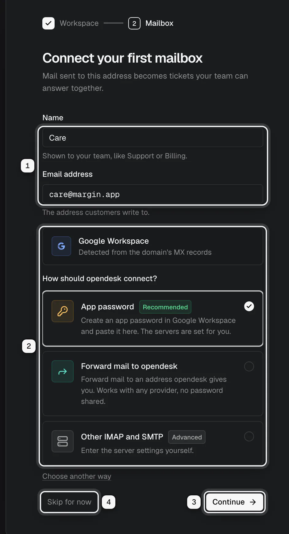 Connect your first mailbox: the name and email address fields ringed as 1, the detected provider and the ways to connect ringed as 2, Continue ringed as 3 and Skip for now ringed as 4