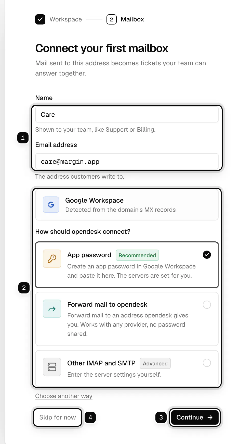 Connect your first mailbox: the name and email address fields ringed as 1, the detected provider and the ways to connect ringed as 2, Continue ringed as 3 and Skip for now ringed as 4