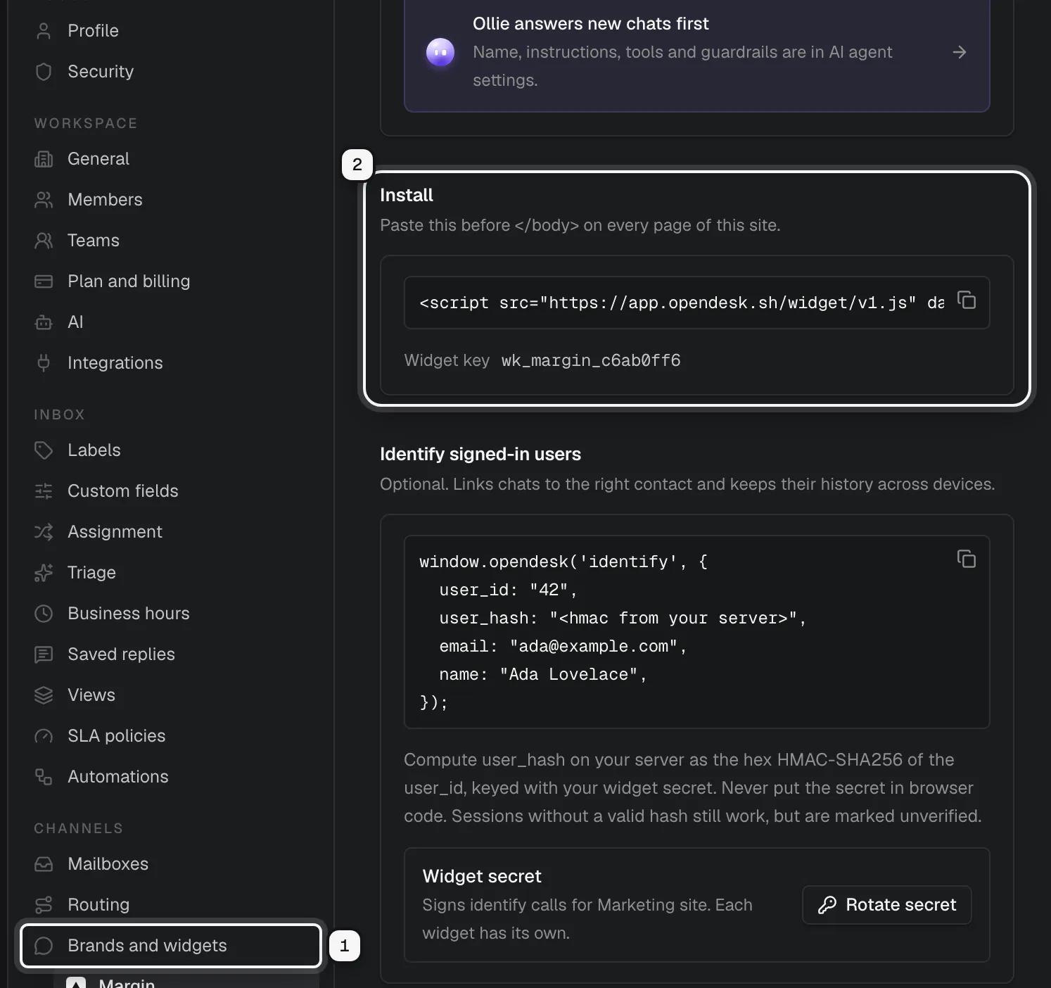 The chat widget settings: Brands and widgets in the settings menu ringed as 1, and the Install section with the script tag and widget key ringed as 2