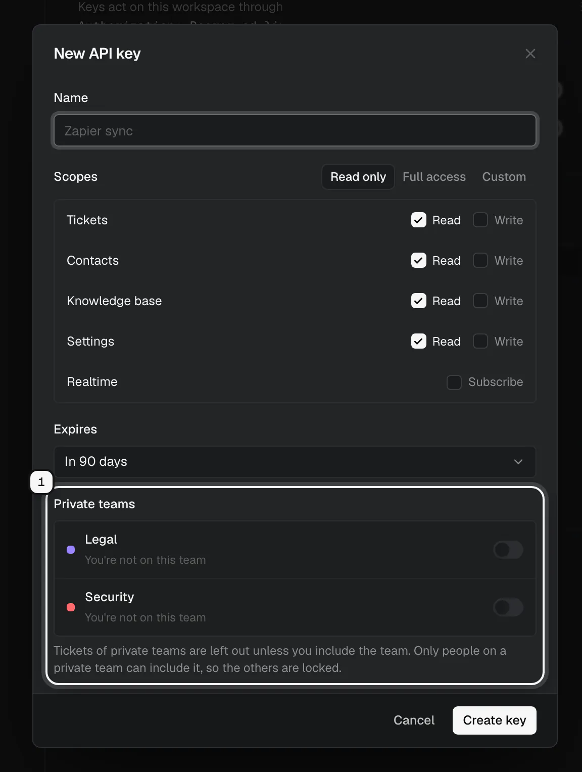 The New API key dialog with the Private teams field ringed: Legal and Security are locked with You're not on this team