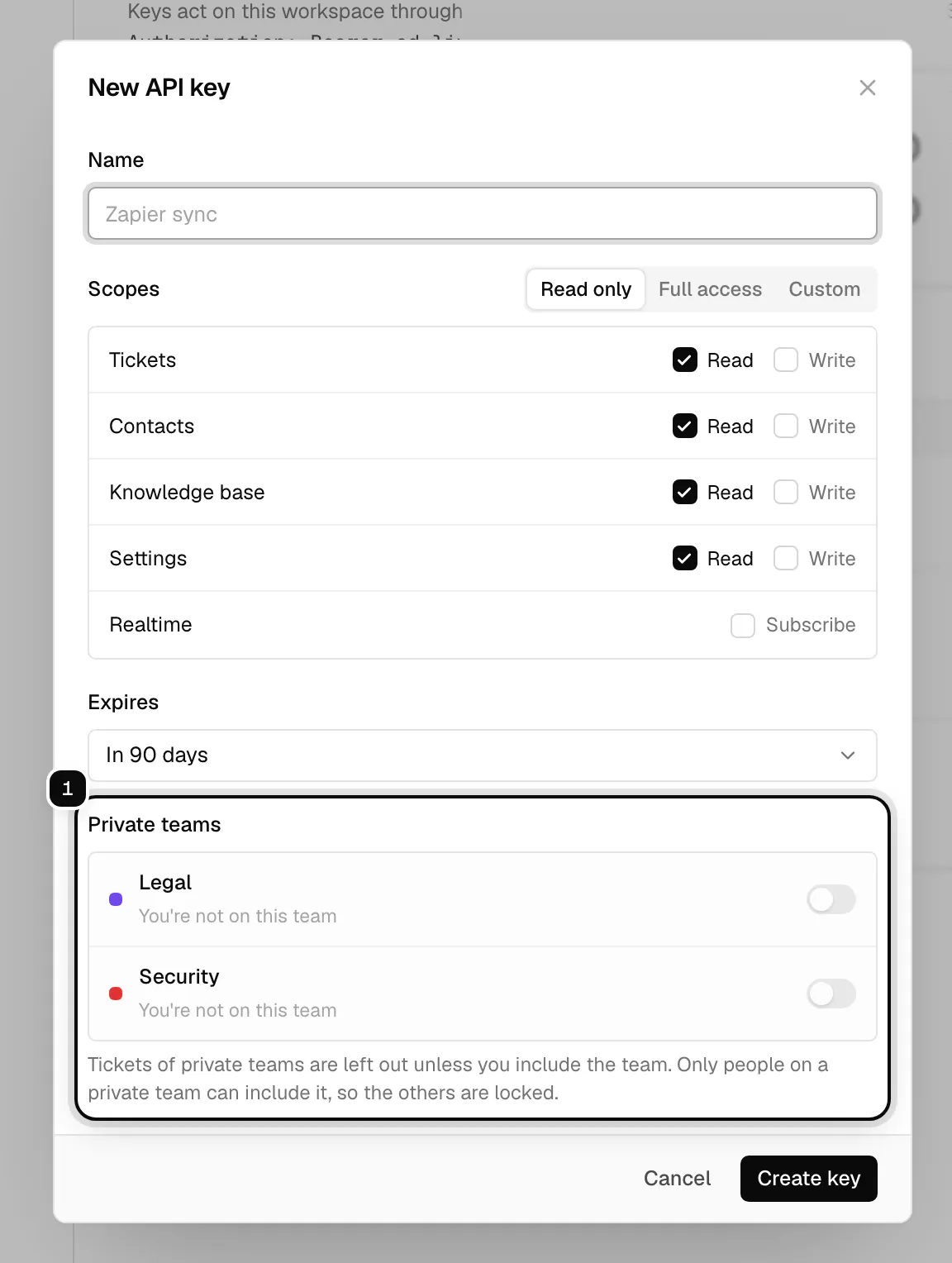 The New API key dialog with the Private teams field ringed: Legal and Security are locked with You're not on this team