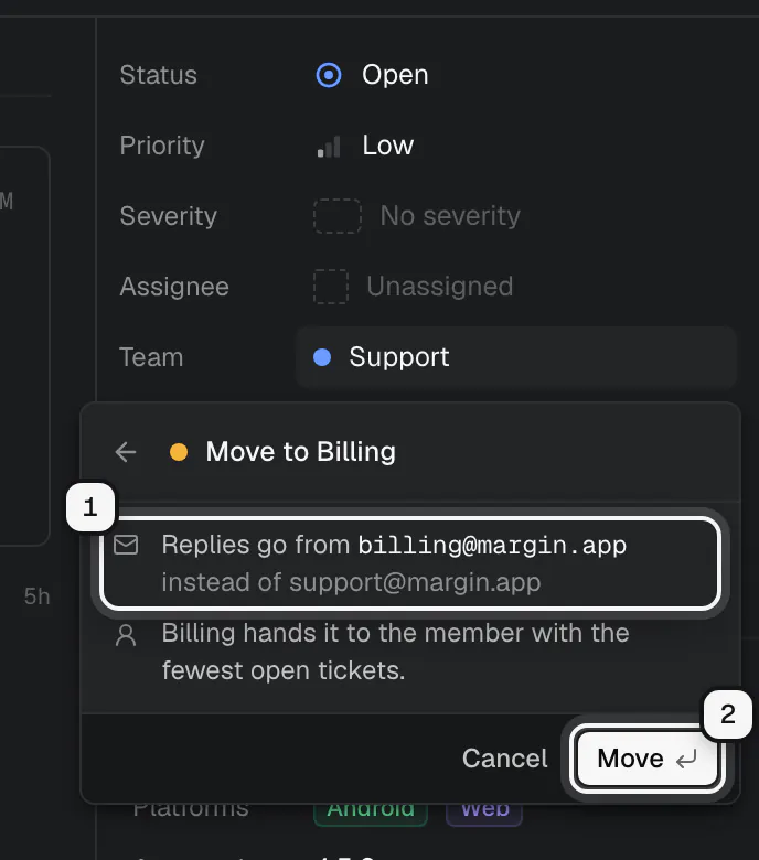 Moving a ticket to Billing: the line Replies go from billing@margin.app instead of support@margin.app ringed as 1, and the Move button ringed as 2