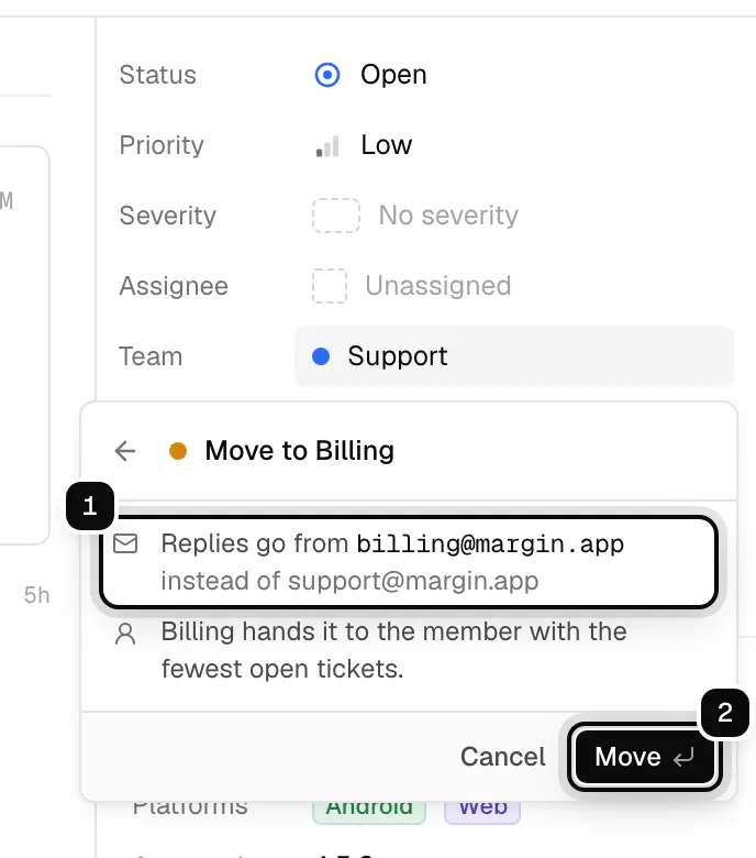 Moving a ticket to Billing: the line Replies go from billing@margin.app instead of support@margin.app ringed as 1, and the Move button ringed as 2
