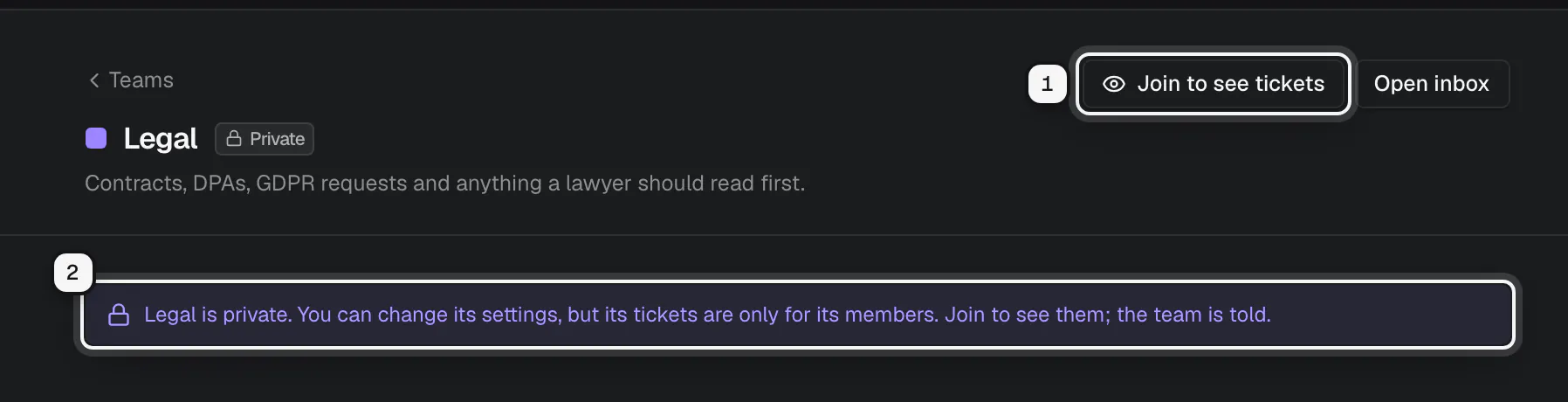 The Legal team page for an admin who is not on it: Join to see tickets ringed as 1, and the note that Legal is private ringed as 2