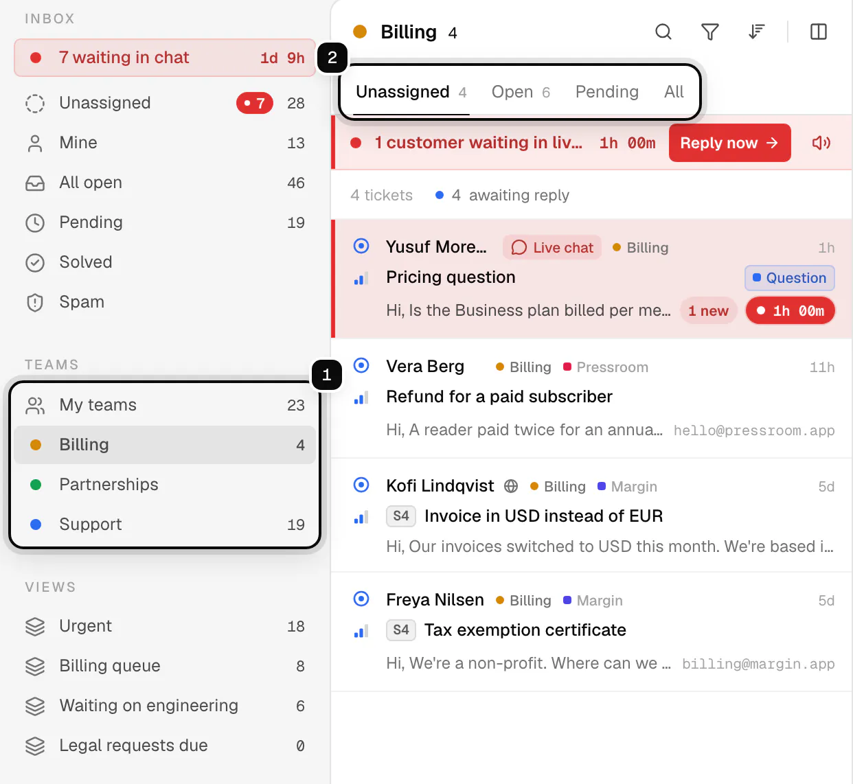 The sidebar Teams section with My teams and each team ringed as 1, and the Unassigned, Open, Pending and All tabs of the Billing inbox ringed as 2